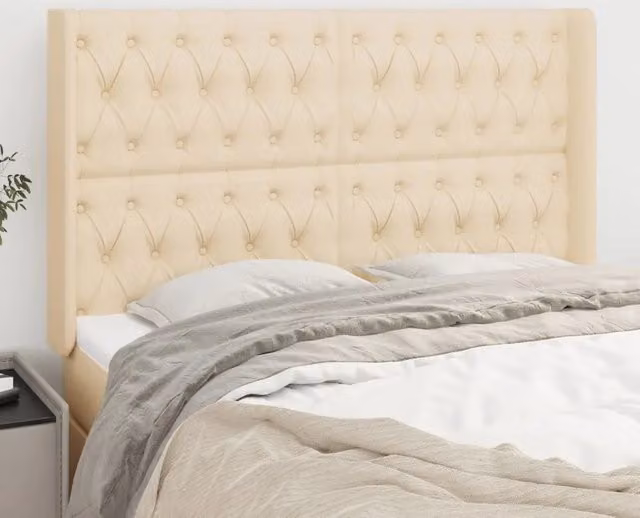 Testiera ad orecchio vidaXL in tessuto beige con struttura in legno L: 147 cm, P: 16 cm, H: 118-128 cm