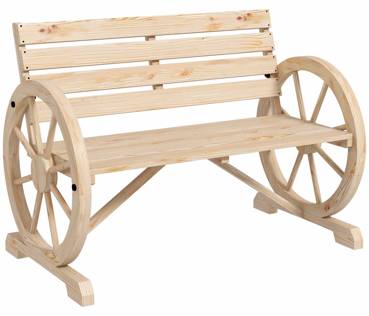 Panca da giardino Moonbite, modello a due posti, in stile rustico, con braccioli a forma di ruota di carro, realizzata in legno di abete massello resistente all'acqua, con una capacità di carico fino a 240 kg. Materiale: legno, legno naturale