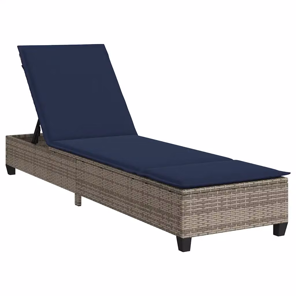 Lettino prendisole vidaXL in polyrattan con cuscini blu e grigi, poggiatesta regolabile, L 200 x P 55 x H 25,5 cm – 2