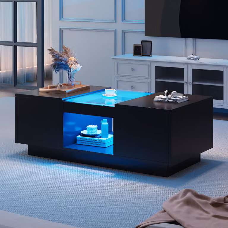 MODFU tavolino da salotto tavolo app control LED high gloss per soggiorno, camera da letto, tavolino rettangolare con rivestimento in vetro, 2 cassetti e 1 vano a giorno, nero