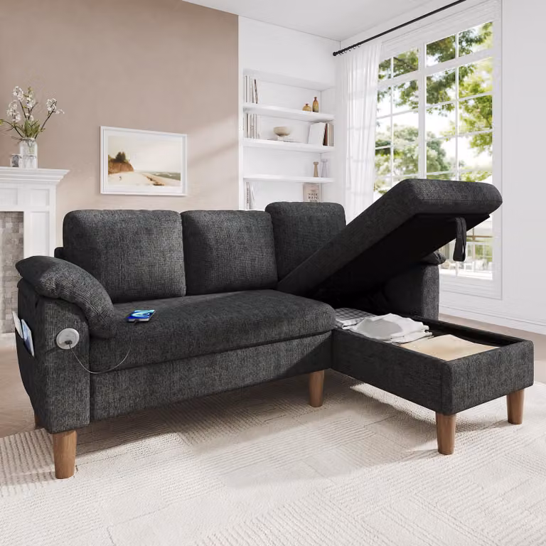 Divano angolare a forma di L Merax, divano a 3 posti con chaise longue contenitore, porta USB di tipo C, tasche laterali, pouf modulare, tessuto in chenille, colore grigio