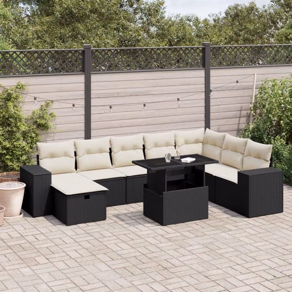 Set di divani da giardino vidaXL in polyrattan nero con 9 pezzi e cuscini inclusi – 1