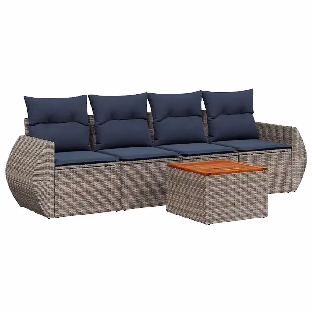 Set da giardino vidaXL composto da 5 pezzi in polyrattan con cuscini grigi e blu e tavolino coordinato – 2