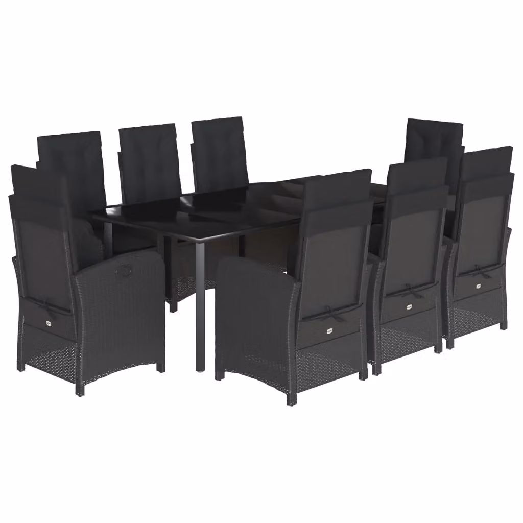 Set da Pranzo da Giardino vidaXL in Polyrattan Nero con Cuscini e Tavolo in Vetro 9 Pezzi – 2