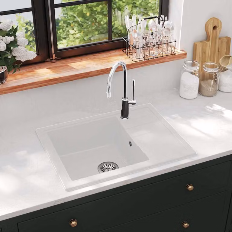 Lavello da Cucina vidaXL in Granito Bianco con Foro Troppopieno Ovale L/P/H: 58,0 x 44,0 x 16,4 cm