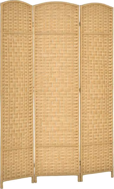 Paravento Pieghevole Minimal 3 Ante in Legno, Colore Marrone e Beige, L: 135 cm, H: 180 cm