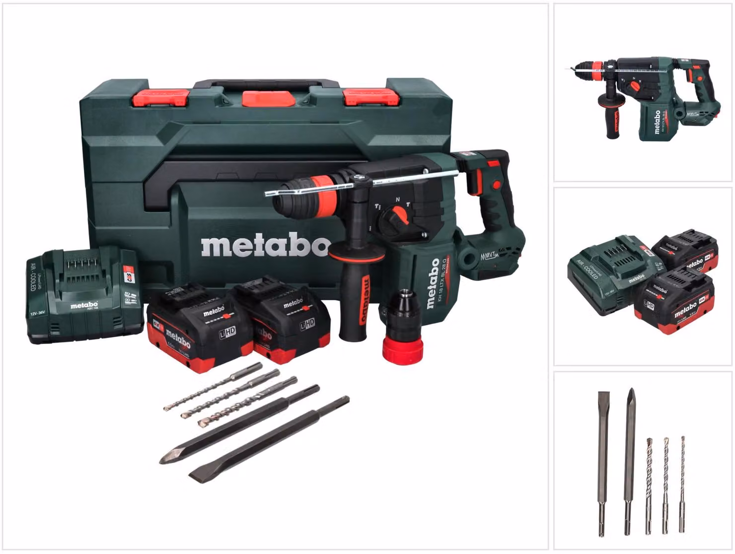 Metabo KH 18 LTX BL 28 Q Martello perforatore a batteria 18 V 3 J SDS plus Brushless + 2x batteria 5,5 Ah + caricabatteria + set di 5 punte e scalpelli + metaBOX