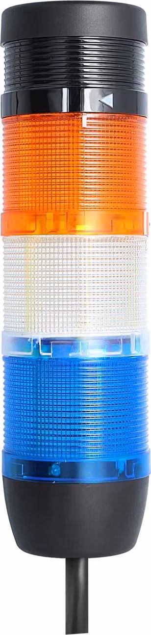 Colonna segnaletica STEX24 blu-bianca-gialla, 70 mm, 24 V CA/CC, luce lampeggiante a LED con cicalino, cavo da 0,6 metri, SS70-B3/24 132