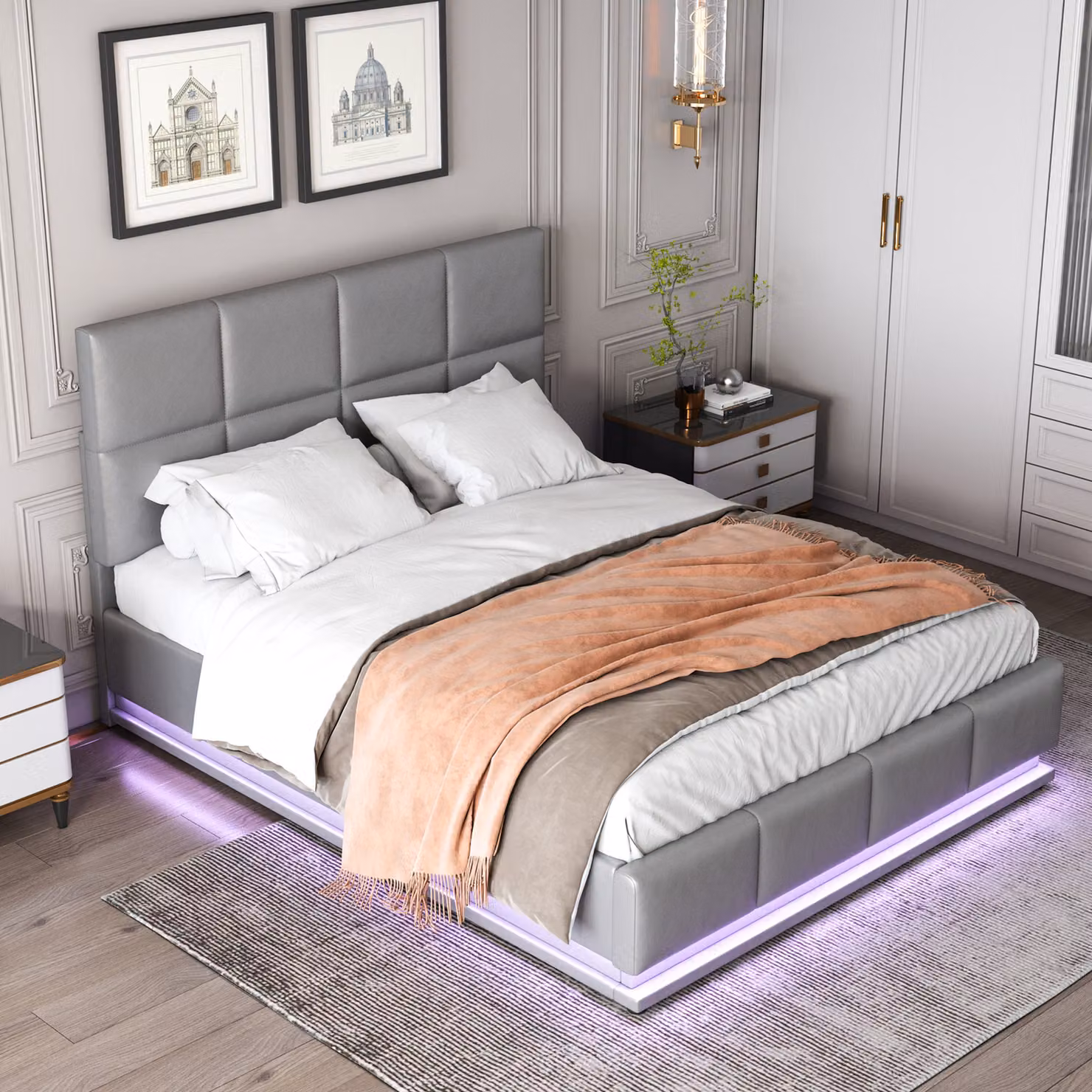 Letto imbottito STILVORA, 140x200, matrimoniale, con contenitore per riporre oggetti, letto contenitore con illuminazione LED e rete a doghe, colore grigio, senza materasso