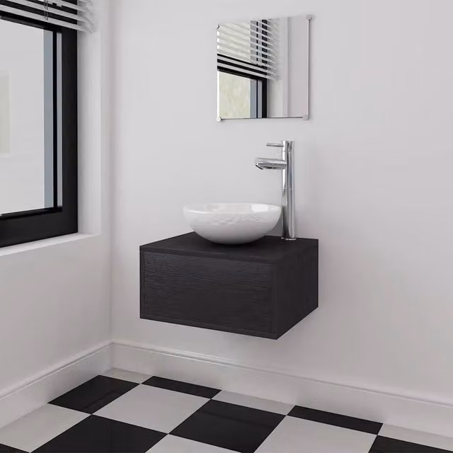 Set Mobili da Bagno vidaXL con Mobile Lavabo e Armadietto Specchio in Legno, Ceramica e Metallo, Design Minimalista, Bianco e Nero, Montaggio a Parete