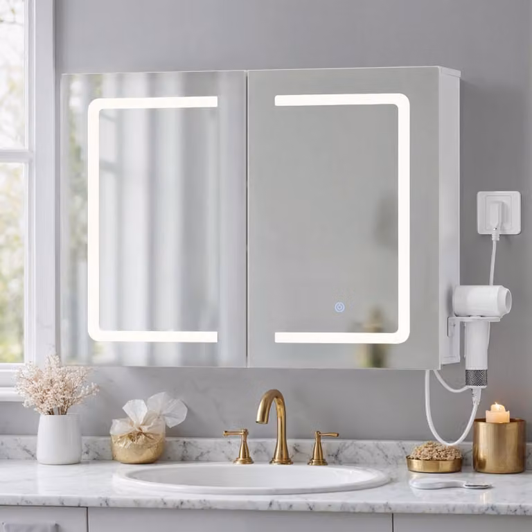 Armadietto a specchio BEALIFE, 80x60x16 cm, con LED dimmerabili | Mobiletto da bagno illuminato con spazio contenitivo | Bianco | AP85