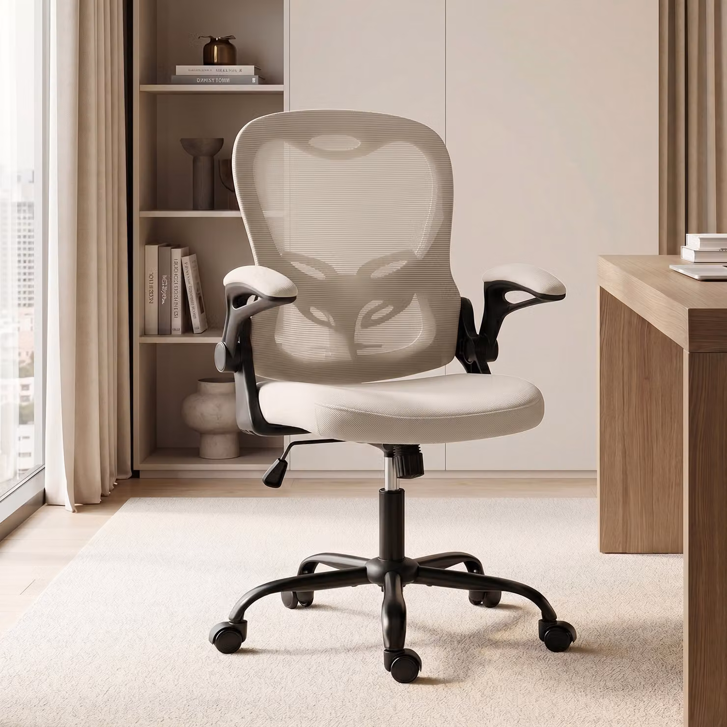 Sedia da ufficio ergonomica HOMCOM in rete beige con braccioli ribaltabili e altezza regolabile – 2