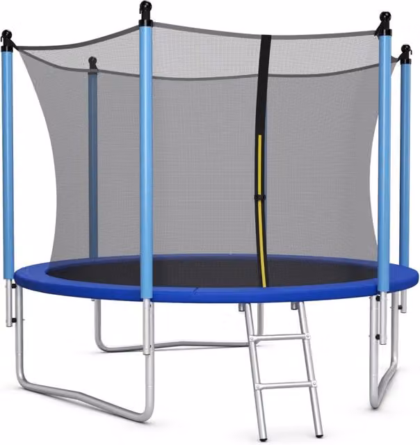 Trampolino da esterno con rete di sicurezza e scaletta antiscivolo in acciaio zincato blu, Diametro: 244 cm