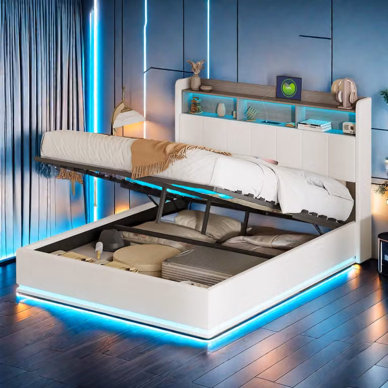 Letto imbottito 140x200cm con USB e prese di corrente, letto per ragazzi letto matrimoniale con LED/tipo C, letto contenitore letto in legno letto funzionale con testata contenitore