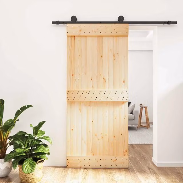 Porta scorrevole moderna vidaXL in legno e acciaio, colore naturale e nero, L: 90 cm, H: 210 cm