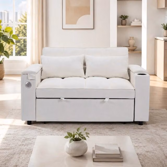 Divano letto Mivray a 2 posti pieghevole beige in tessuto con schienale regolabile, porte USB e Type-C e tavolino nascosto, L: 140.5 cm, P: 74 cm, H: 82 cm