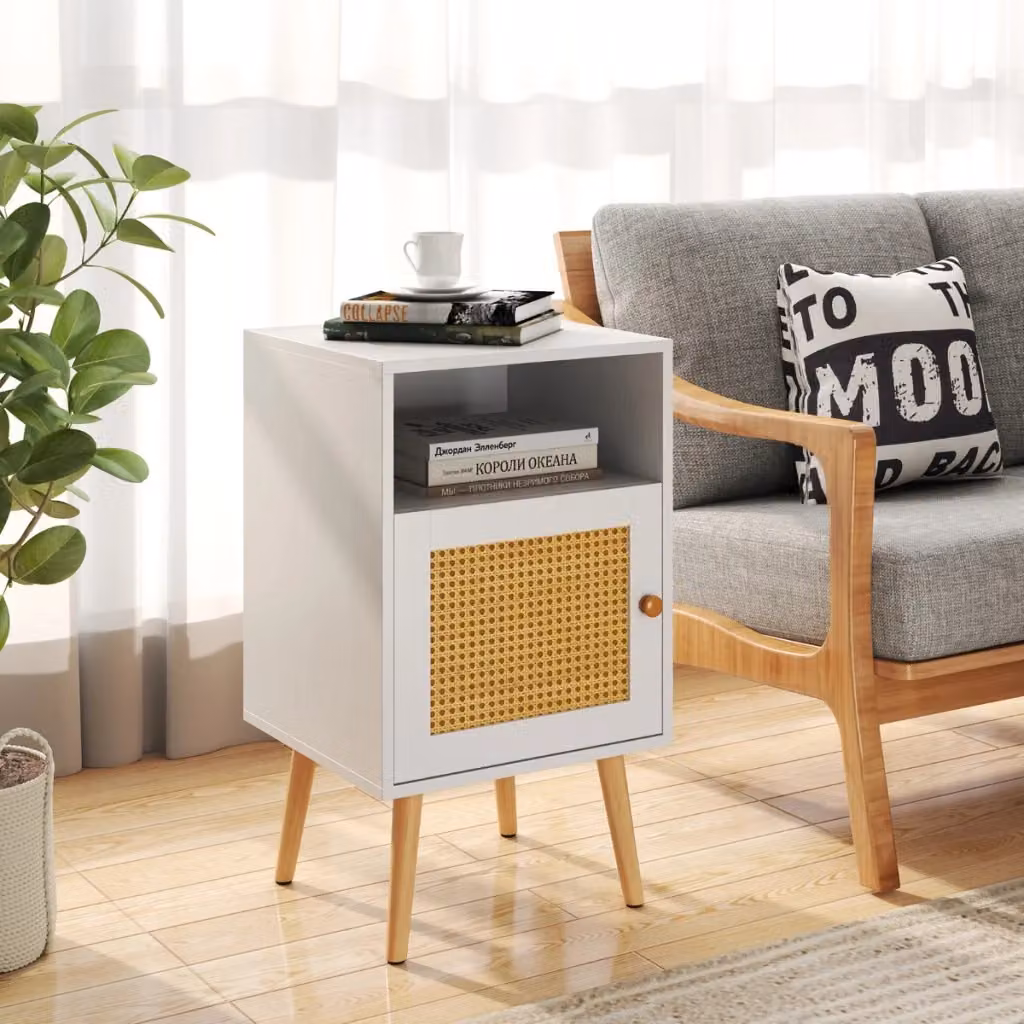 Set di 2 comodini Design Mania in rattan e legno bianco con mensola aperta e porta decorata – 2