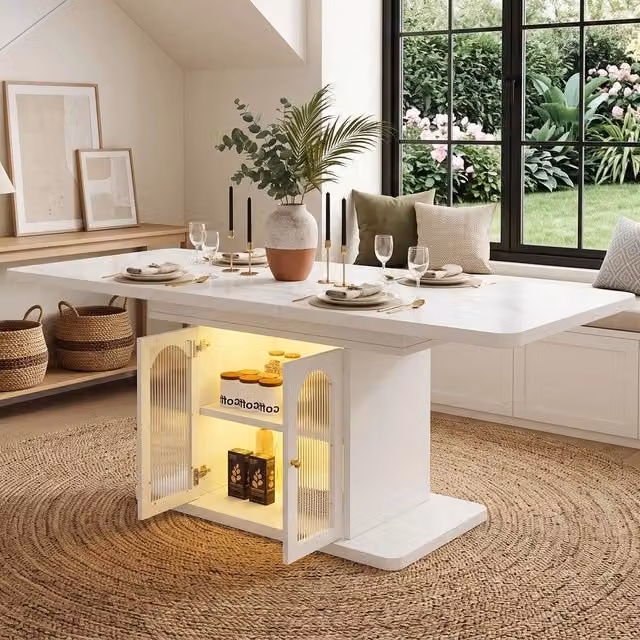 Tavolo da pranzo allungabile ¨C Minimal ¨C Effetto marmo bianco, 150/200x80 cm, per 6-8 persone, con LED e spazio contenitivo