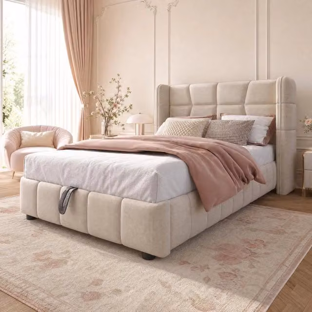 Letto imbottito 90x200 cm con contenitore, beige