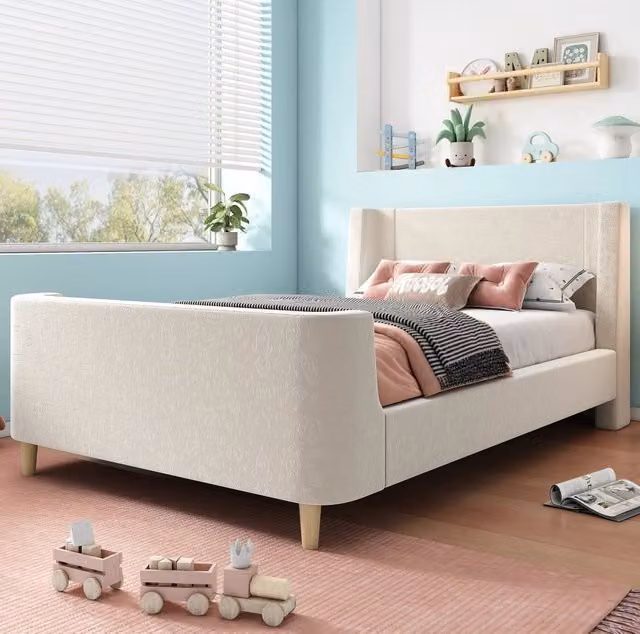 Letto 90x200 cm a slitta con fantasia spaziale in velluto beige