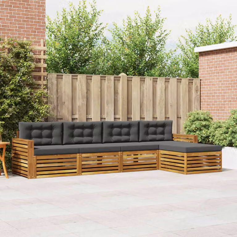vidaXL Set di divani da esterno a L in legno di acacia con pouf, colore naturale e antracite