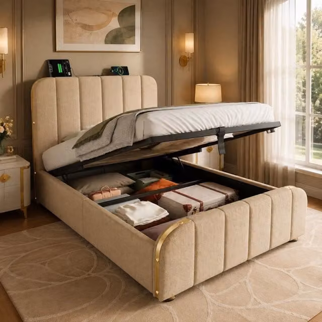 Letto contenitore 90 × 200 cm con testiera rivestita; USB Type-C; rete a doghe; lino beige e dettagli dorati