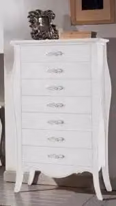Cassettiera Settimino KIVIO in Legno di Pino Bianco Stile Shabby Chic con Maniglie Argento Cromato