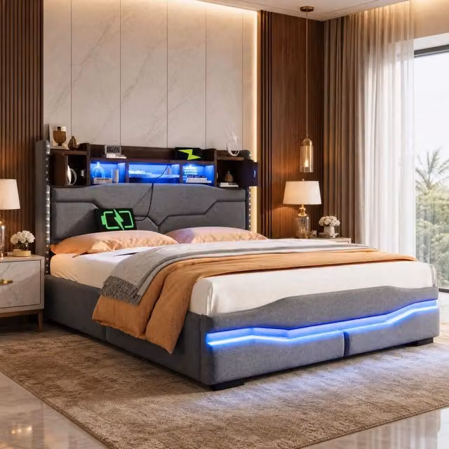 Letto contenitore Mivray in lino grigio con vano idraulico, testiera con prese USB Tipo C, luci LED e mensola integrata, L/P/H: 140 x 200 x 145 cm