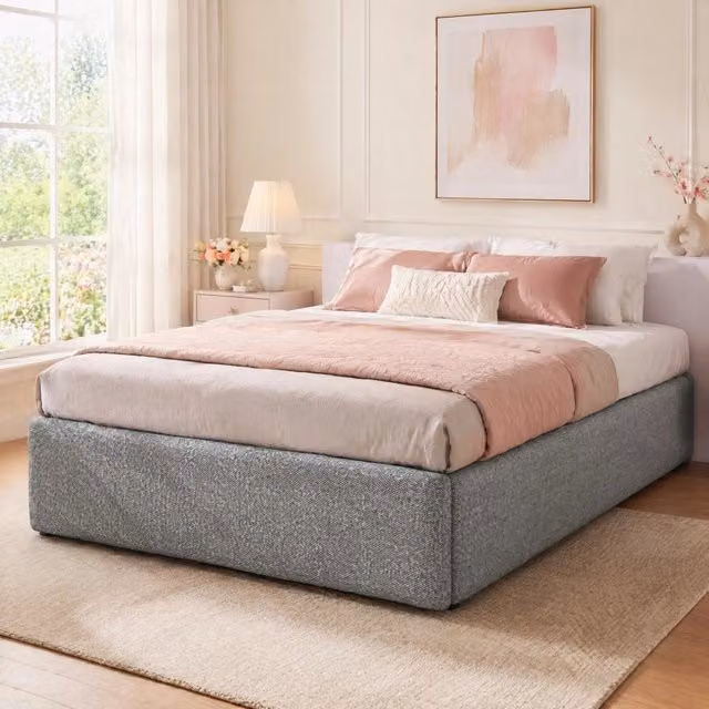 Letto singolo imbottito ULEVR 90x200 cm con contenitore idraulico e cassetto, grigio
