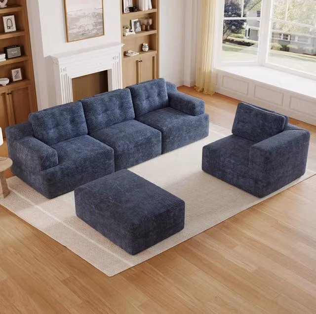 Divano modulare ULEVR a U 252x180x82 cm con pouf, 5-6 posti, struttura senza telaio e rivestimento in ciniglia blu