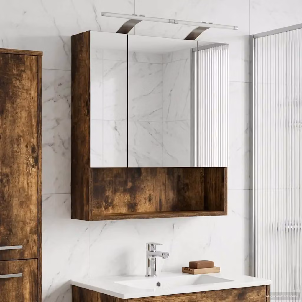 Mobiletto per specchio da bagno moderno in rovere con illuminazione LED e ripiani interni, colore marrone, L: 60 cm, P: 14.5 cm, H: 70 cm – 2