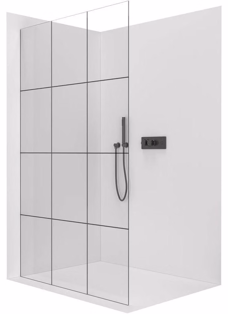 CERANO - Box doccia Walk-in Crystal L/P - 8 mm - sistema senza montanti - nero opaco, vetro industriale - 110x200 cm