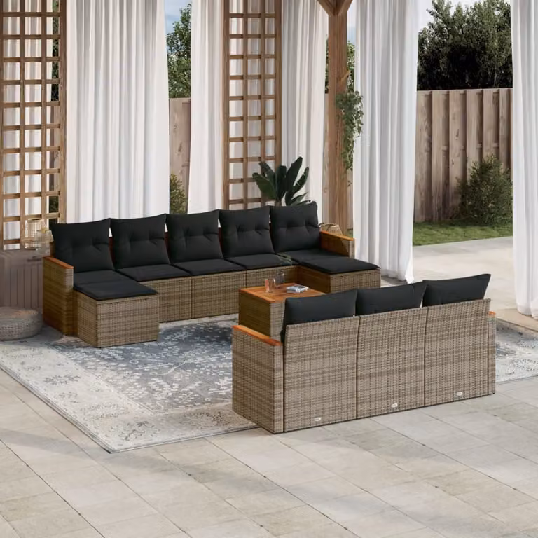 vidaXL Set Divani da Giardino 11 pz a Forma a U in Polyrattan Grigio con Cuscini e Tavolino