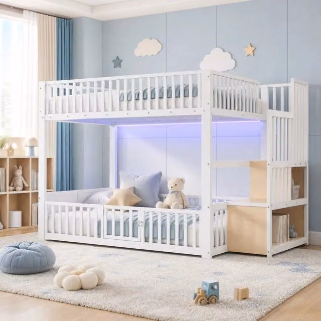 Letto a castello 140x200 con scala contenitore e illuminazione LED, bianco