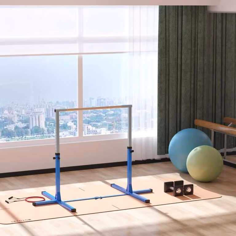 Sbarra ginnastica per bambini Moonbite, con barra in legno di faggio, regolabile in 13 altezze da 92 a 150 cm, base triangolare con piedini in gomma, adatta per interni ed esterni, portata massima 75 kg, acciaio, colore blu