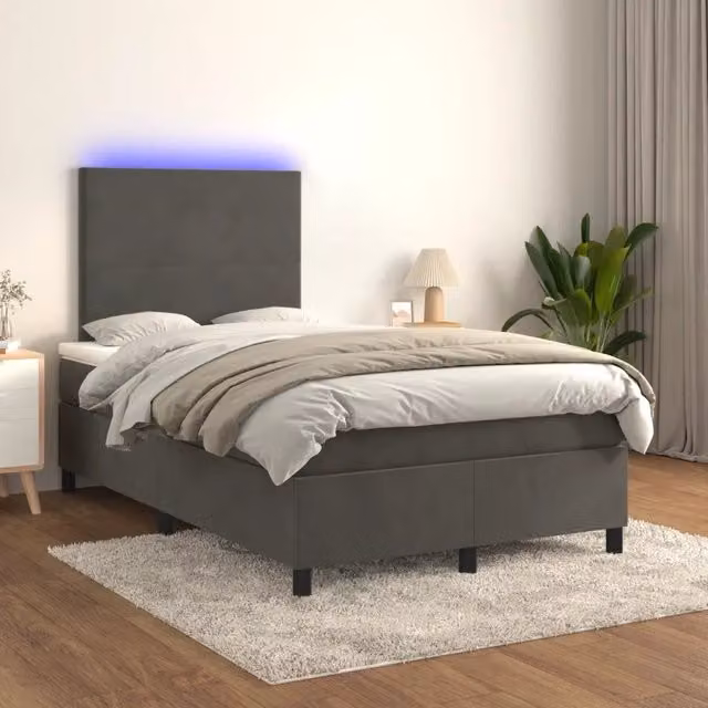Letto matrimoniale moderno vidaXL con materasso ibrido, illuminazione LED sottostante e porta USB, rivestimento in tessuto grigio, L/P/H: 200 x 120 x 128 cm
