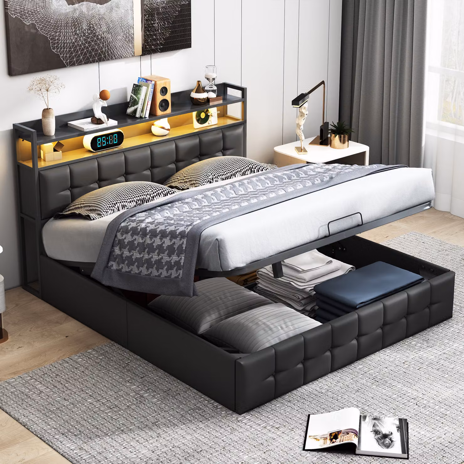 Letto imbottito Fortuna Lai 140x200cm con USB e prese di corrente, letto per ragazzi letto matrimoniale con rete a doghe e contenitore, letto contenitore con LED, Pelle finta, nero
