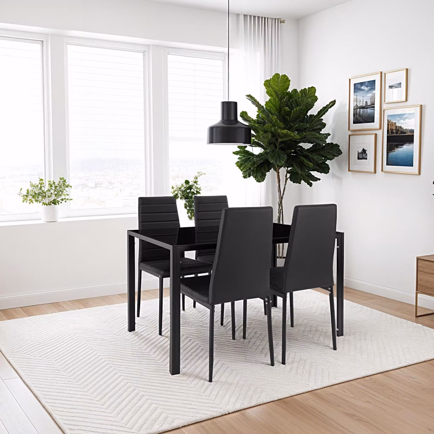 Set da pranzo moderno TecTake GmbH Berlino con tavolo rettangolare in vetro e 5 sedie nere – 1