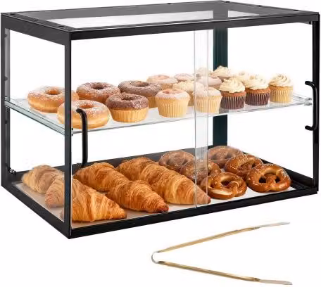 Vetrina per Pasticceria VEVOR da Banco con 2 Ripiani in Acrilico Nero, Espositore per Torte e Dolci con Anta Scorrevole, L 55 cm x P 38,5 cm x H 39 cm