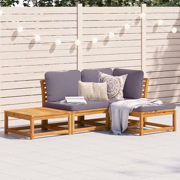 Set Salotto da Giardino a L vidaXL in Legno di Acacia con Cuscini, Tavolino e Pouf, Marrone e Grigio
