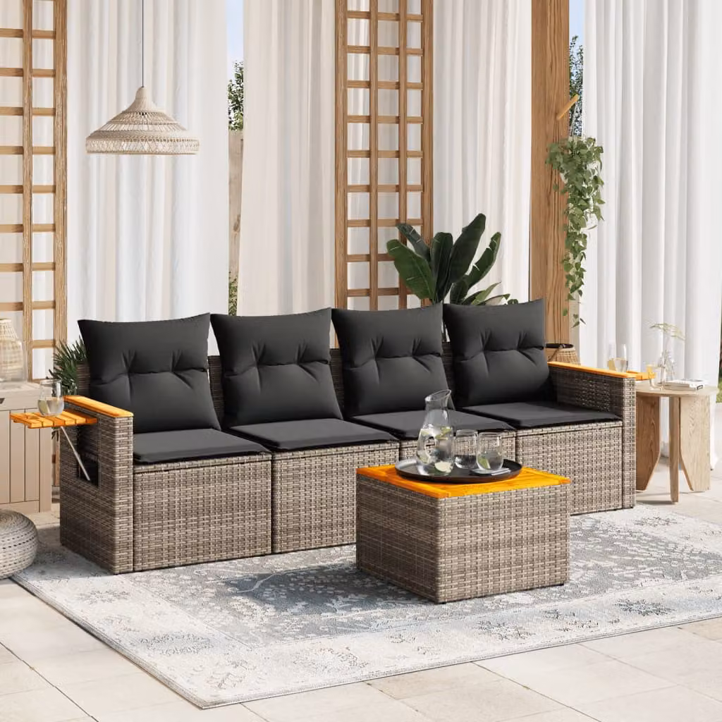 vidaXL Set Divano da Giardino 5 pz in Polyrattan Grigio con Cuscini e Tavolino da Esterno – 1