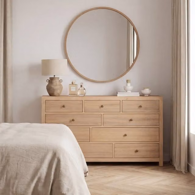 Cassettiera Kioto Banak in legno di acacia e MDF, colore beige e marrone, stile moderno