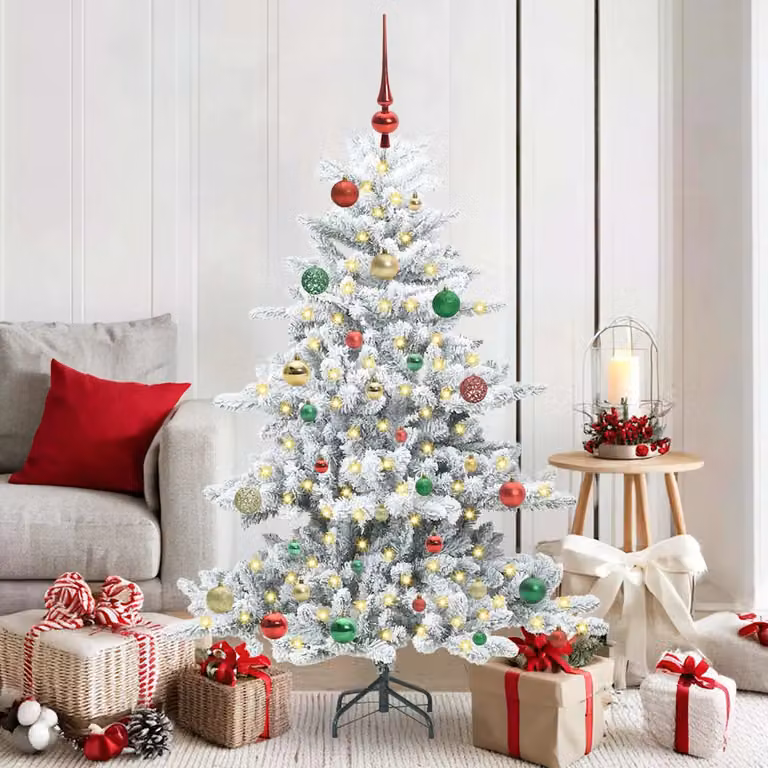 Albero di Natale Artificiale Moderno vidaXL Bianco con Luci LED Warm White e Rami Pieghevoli in PVC e Metallo, Altezza: 150 cm