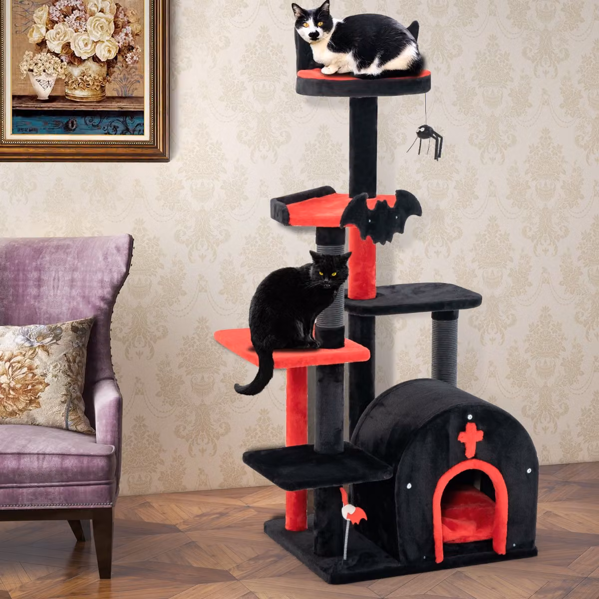 Albero per gatti Costway stile gotico a 6 livelli con amaca e cave, Nero e rosso