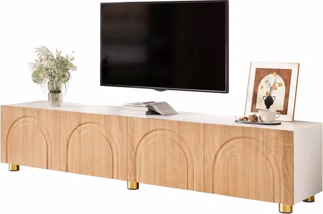 Mobile TV moderno con 4 ante ad arco, struttura in PB e MDF, piedi in metallo, finitura bianco e effetto legno naturale, 180x35x40 cm
