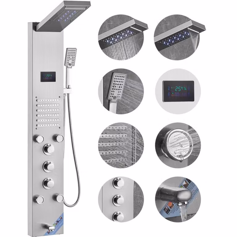 Sistema di pannelli doccia, 6 modalità di doccia LED e schermo a torre per la potenza dell'acqua - pioggia, cascata, 5 getti massaggianti - bocca da bagno, doccetta - set doccia a parete in acciaio inox.