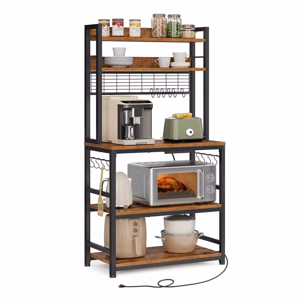 Scaffale da Cucina con Prese Ganci per Microonde, Marrone Vintage + Nero / 40 x 80 x 170 cm