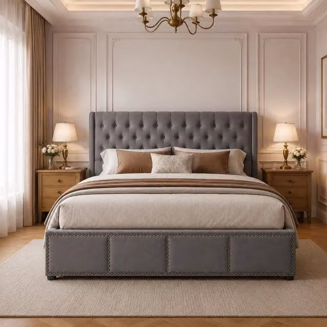 Letto contenitore Mivray con testiera imbottita in velluto grigio e rete a doghe inclusa L/P: 140 x 190 cm, Altezza testiera: 103 cm