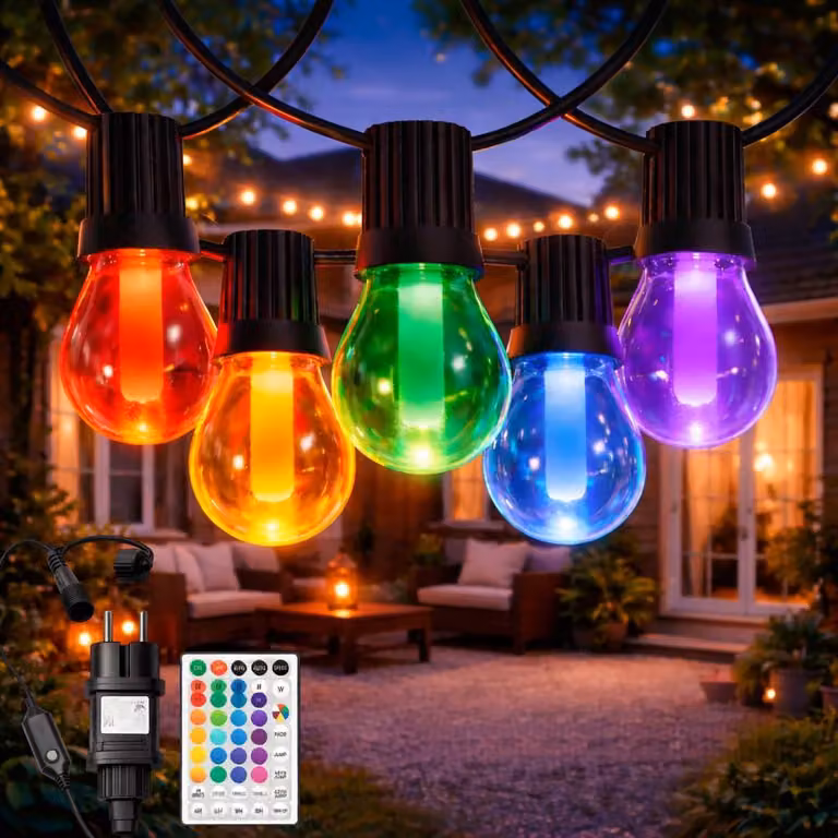 Catena luminosa da 8 metri, con 10 lampadine RGB, dimmerabile, grado di protezione IP44, impermeabile