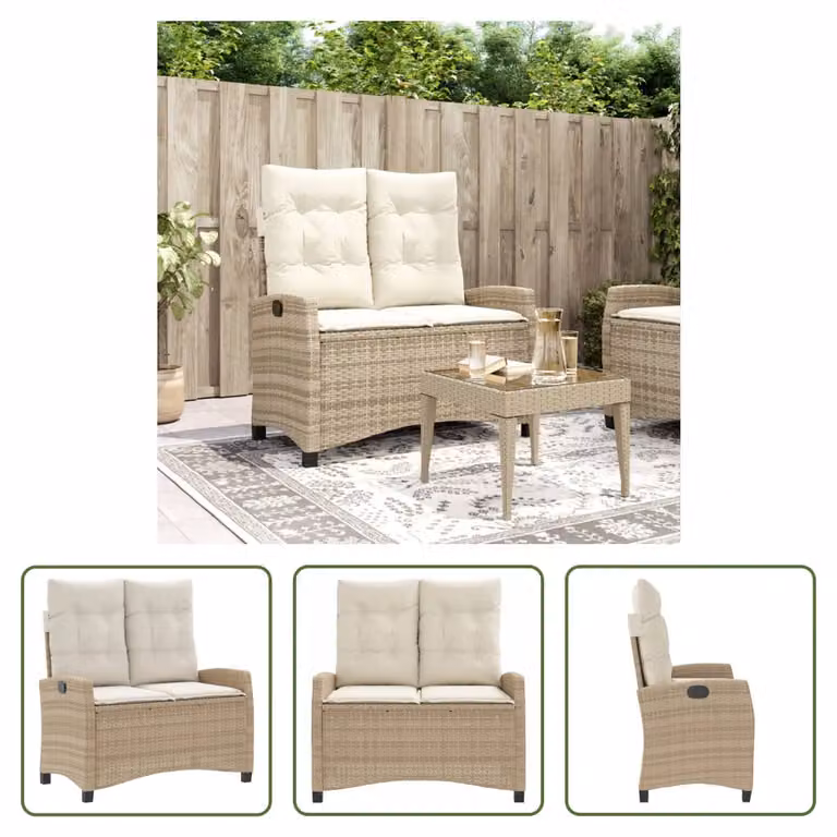 The Living Store Panca da giardino regolabile con cuscino Beige Poly Rattan